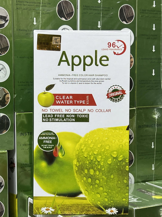 Apple shampoo packaging with green apple illustration on a stacked box background
